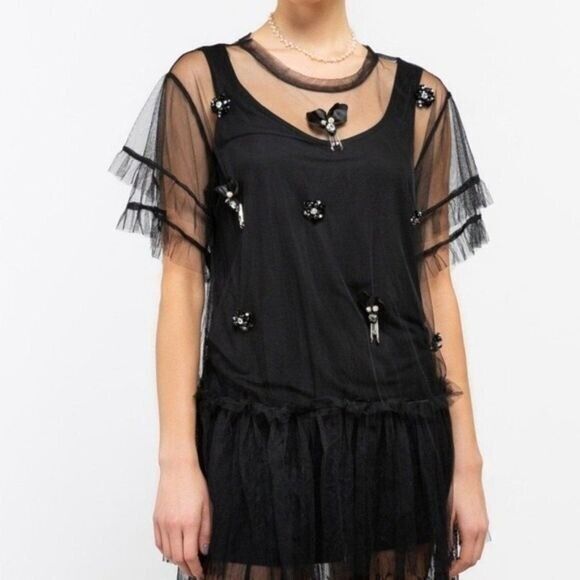 POL Sheer Mesh Two-fer Tulle Tunic Top Black Women's‎ Size S - Picture 2 of 9